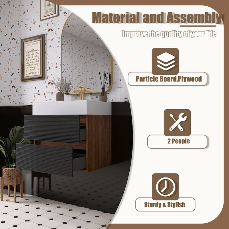 Wall Mounted Bathroom Vanity with Solid Surface Sink and Soft Drawers