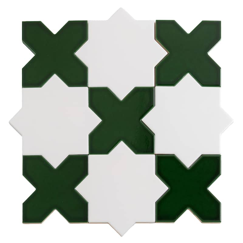 Siena 5" Star with Cross Glossy Ceramic Wall and Floor Tile (10.76 sq ft/case) - 54 Pack - Dark Green, Pearl White