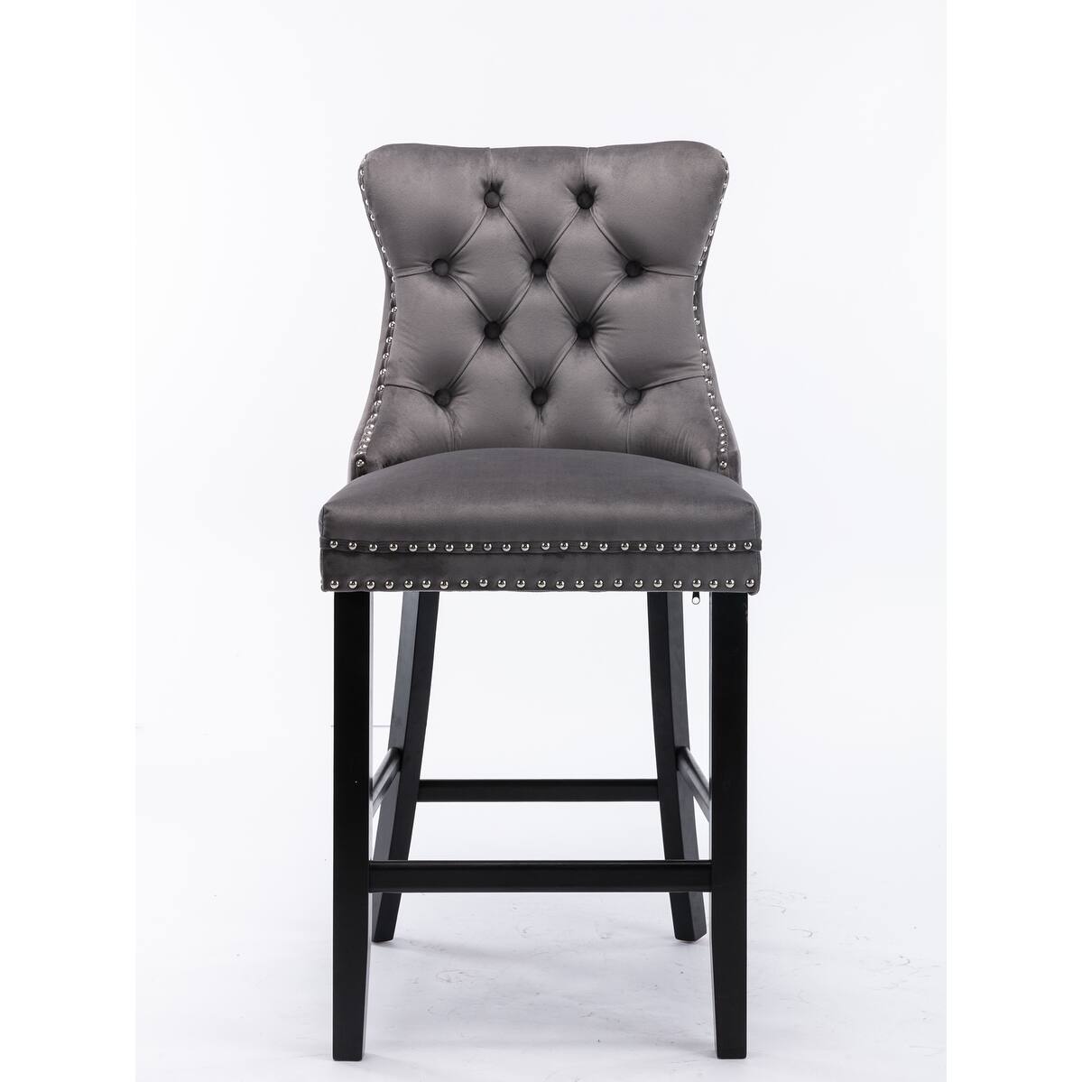 Contemporary Velvet Upholstered Barstools with Button Tufted Decoration and Wooden Legs, and Chrome Nailhead Trim