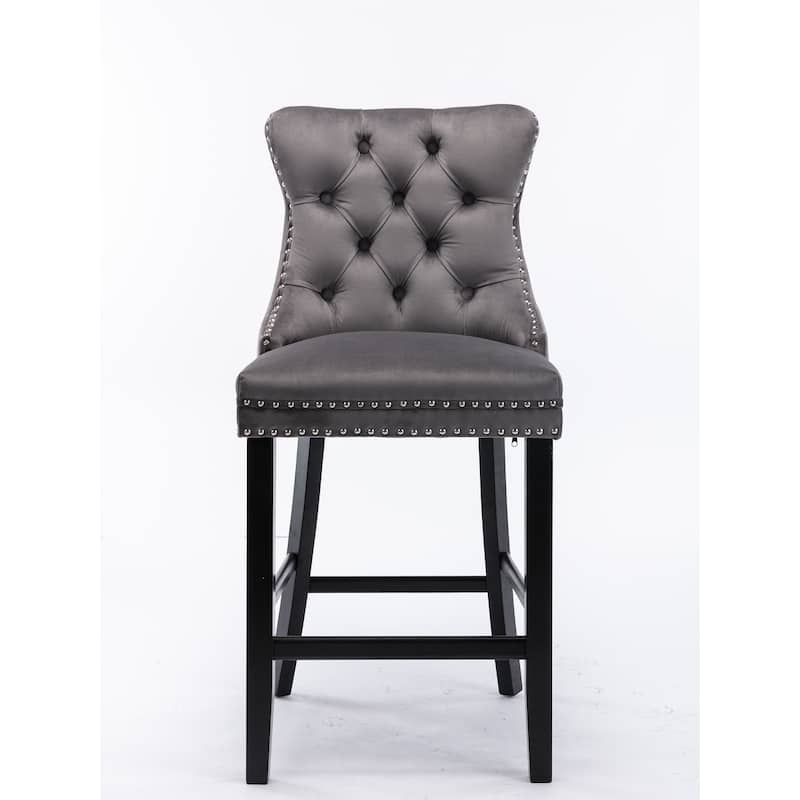 Roomfitters Velvet Bar Stools Set of 2, Tufted Upholstered Counter Chairs with Nailhead Trim and Wooden Legs