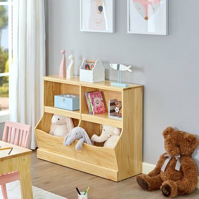 MUSEHOMEINC Wood Toy Storage with 4 Cabinet, Open Toy Storage Shelf, Multi-Bin Organizer Cabinet, Bookcase for Children Bedroom