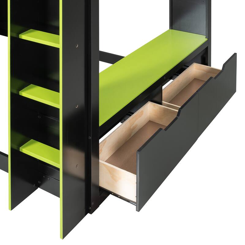 Full Size Loft Bed for Esports, Work with Built-in Adjustable Desk, Hidden Storage Headboard, RGB Light Strips and Hanging Rod