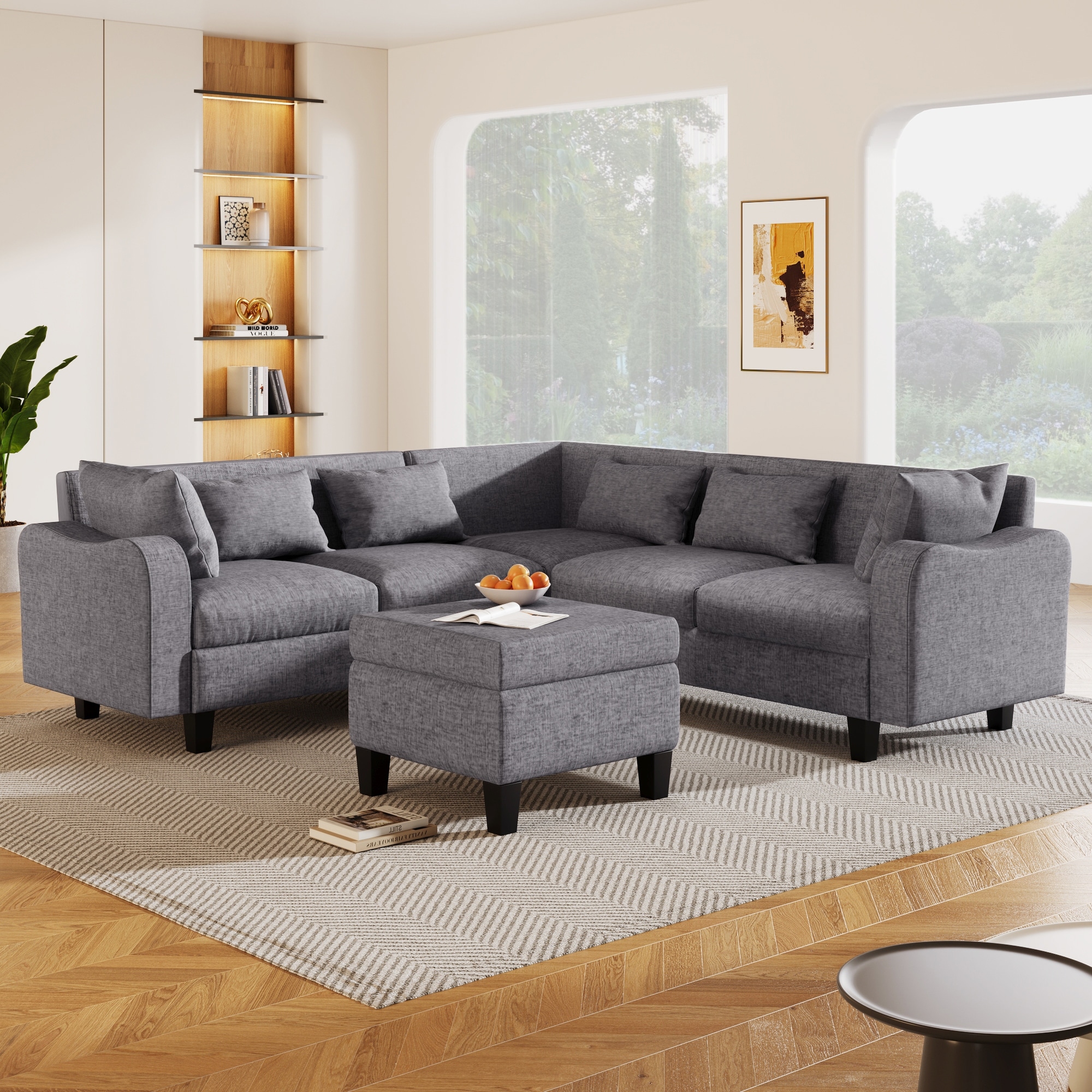 Grey Thick Cushion Sectional Sofa with Curved Arm and Storage
