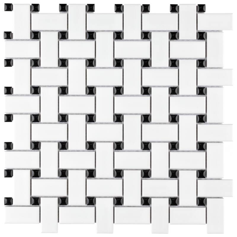 SomerTile Metro Basketweave Matte White with Black Dot 11.75" x 11.75" Porcelain Mosaic Tile