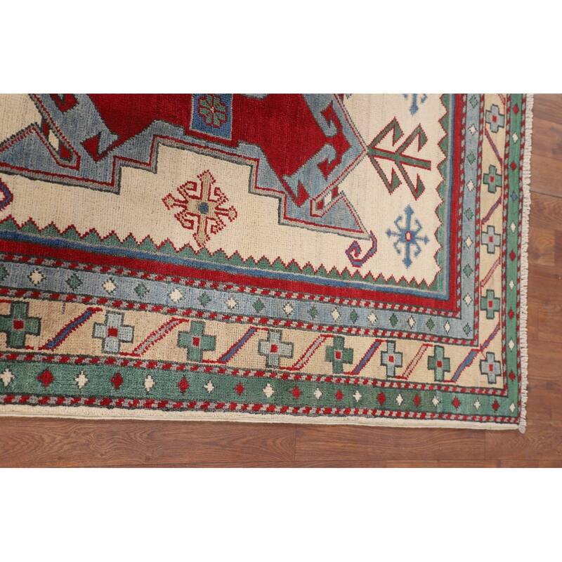 Ivory Geometric Kazak Accent Rug Hand-Knotted Wool Carpet - 3'5" x 5'0"