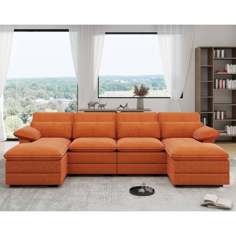 111.8" U-Shaped Cloud Sectional, 4-Seater Corduroy Upholstered Sectional with Recliner and Cushions - Orange
