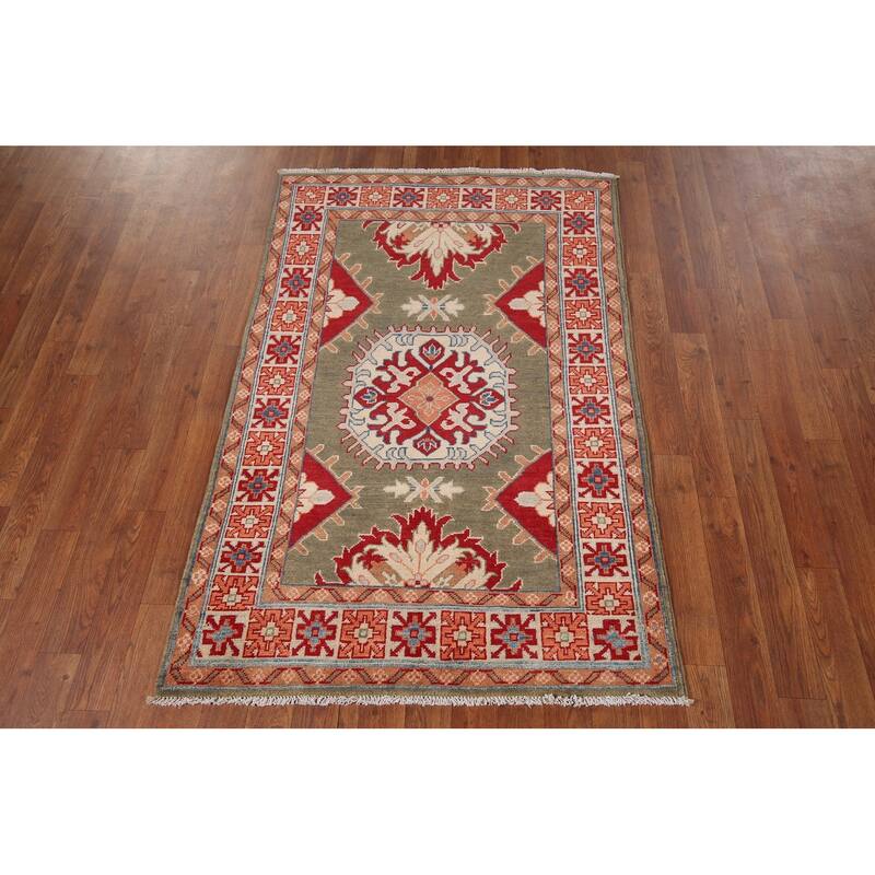 Geometric Kazak Oriental Foyer Rug Handmade Wool Carpet - 3'2" x 4'9"
