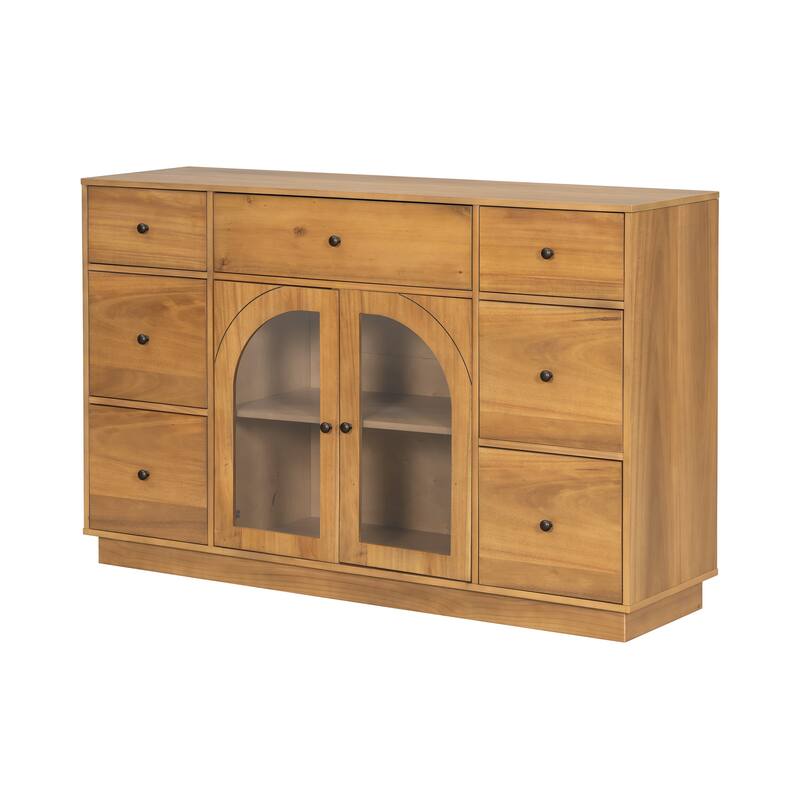 Cabinet with 2 Doors & 7 Drawers, Multi-Functional Wood Storage Cabinet, Entryway Accent Cabinet with Adjustable Shelves