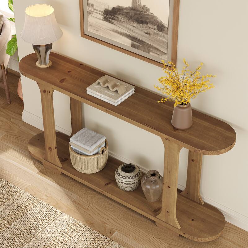 63 Inch Farmhouse Console Table, Solid Wood Couch Table Behind Sofa - Brown