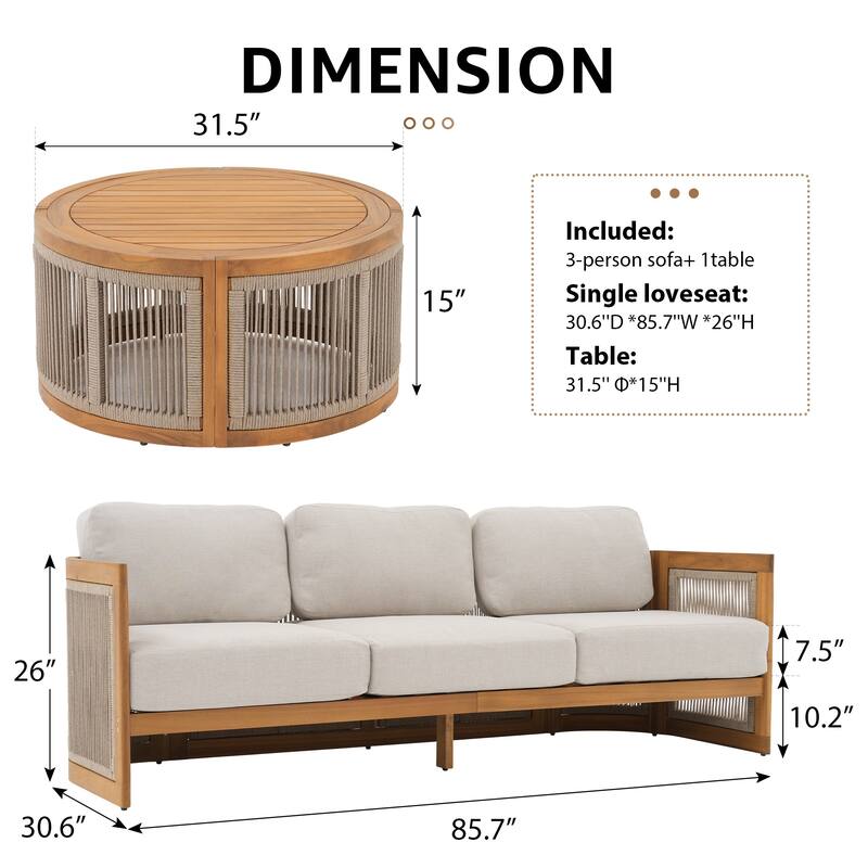 Outdoor 3-person Wooden Conversation Sofa Set