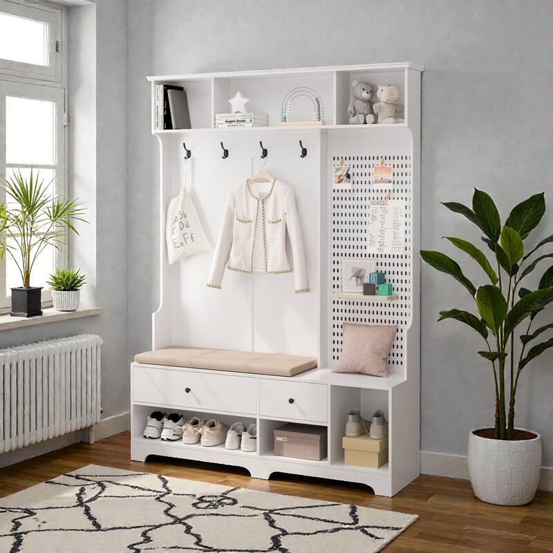 Modern Hall Tree with Removable Linen Cushion Bench, Coat Rack, Shelves & DIY Pegboard, 57.48 x 14.96 x 77.17 in - White