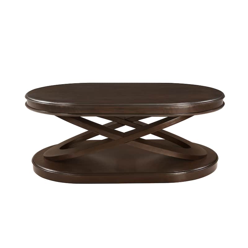 44 Inch Wood Oval Coffee Table with X-Shaped Base, Cocktail Table with Open Storage, Sofa Center Table for Living Room