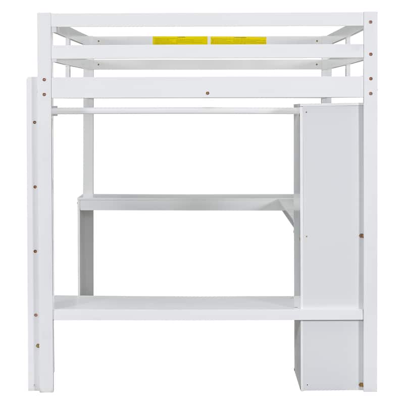 Full Size Loft Bed with L-Shaped Desk, Wardrobe & Storage Shelves - White