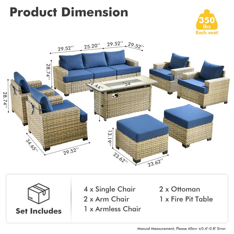 HOOOWOOO 10-piece Outdoor Wicker Wide Arm Patio Furniture Set with Fire Pit
