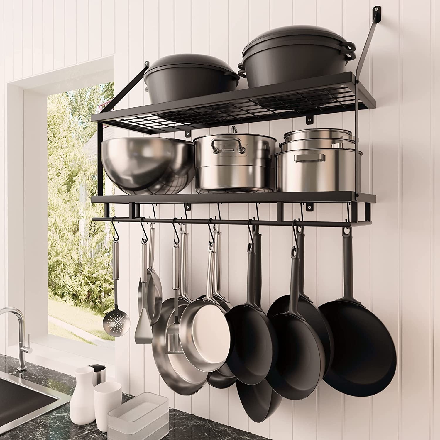 Hanging Kitchen Organizer Pot Pan Holder Wall Mount Dish Rack Utensil  Cookware