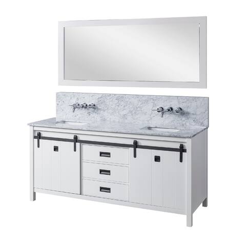 Da Vinci Premium 72 in. Vanity in White with White Carrara Marble Top with white basins and Mirror