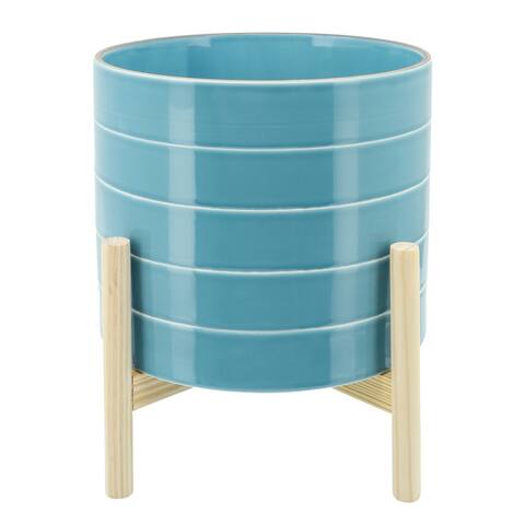 Ceramic Planter with Striped Pattern and Wooden Stand, Light Blue