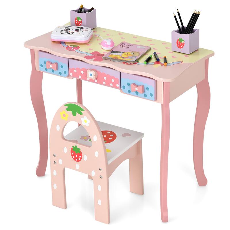 Costway Kids Vanity Princess Makeup Dressing Table Chair Set w/