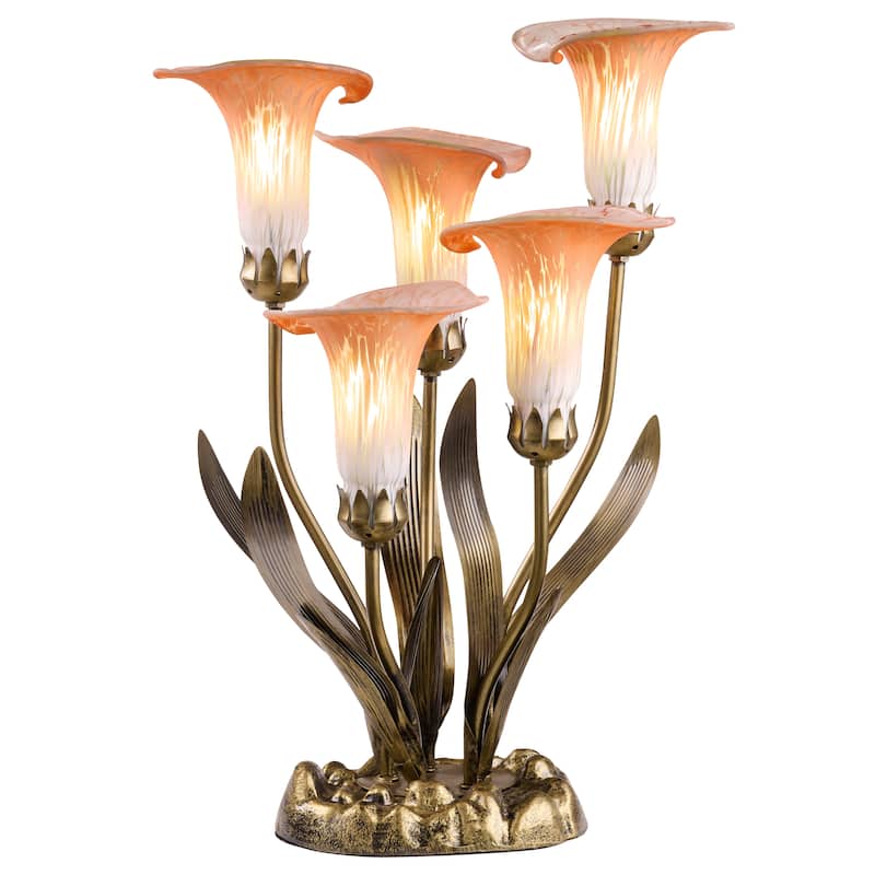 20-inch Antique Brass and Hand Blown Glass 5 Calla Lily Uplight Accent Lamp - 15" x 14" x 20" - 15" x 14" x 20" - Peach/White/Brass