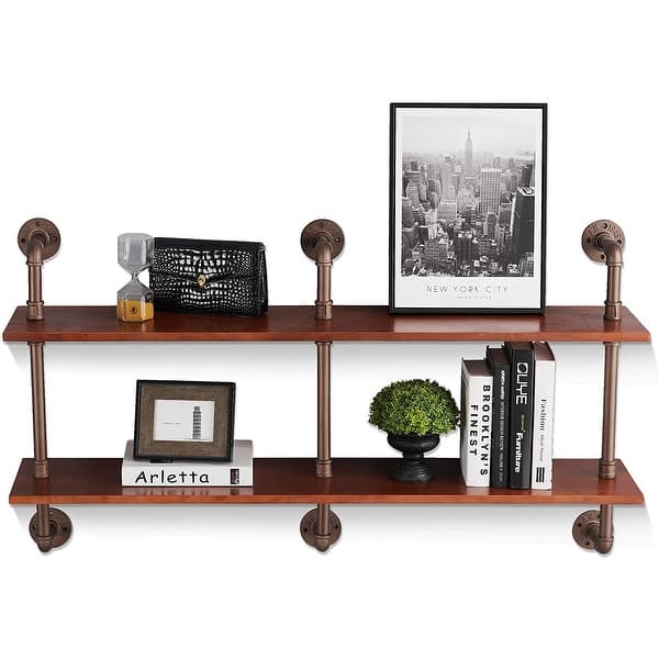 Rustic Industrial Pipe Shelving Unit 2 Shelf Vintage Pine Wood Wall Mounted Shelf Farmhouse Bookcase Overstock 32819916