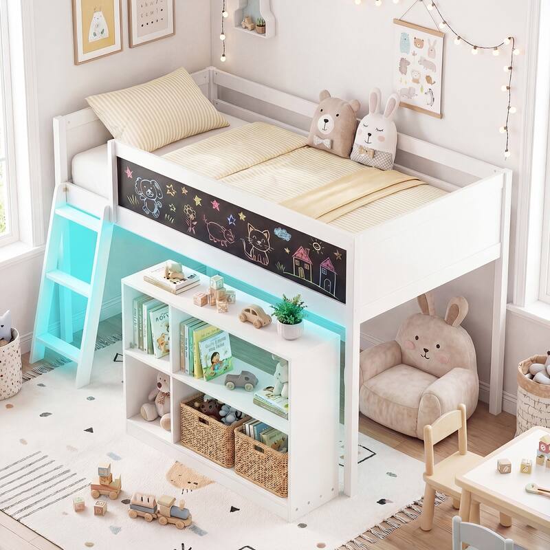 Gymax Kids Loft Bed w/LED Lights Chalkboard & Removable Bookcase