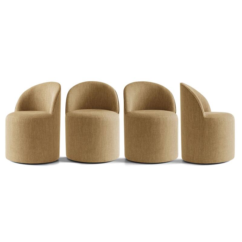 Upholstered Barrel Linen Dining Chair with Casters(Set of 4)