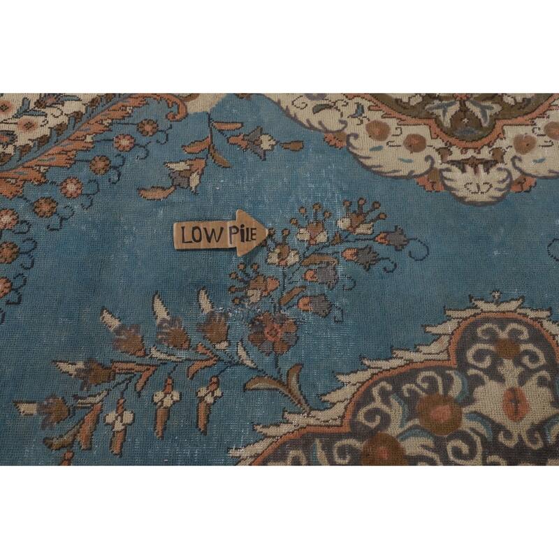 Over Dyed Tabriz Persian Vintage Rug Handmade Blue Wool Carpet - 9'10"x 12'11"