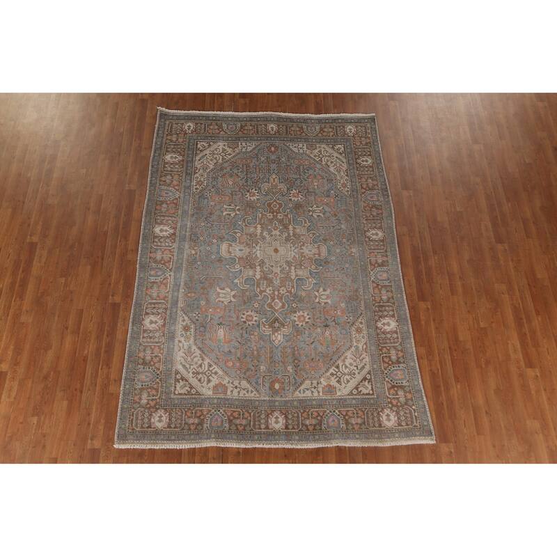 Gray Geometric Tabriz Persian Vintage Rug Hand-Knotted Wool Carpet - 6'5" x 9'5"