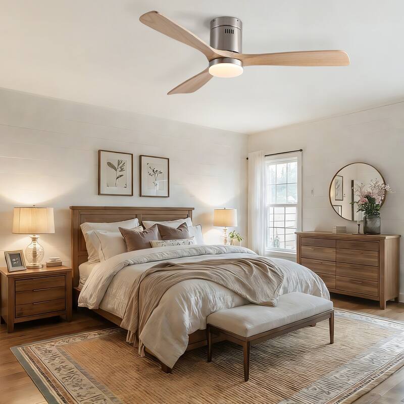 52 inch Mordern Cozy Natural Style Solid Wood Low Profile Flush Mount Intergrated LED Ceiling Fan with Light - Brushed Nickel