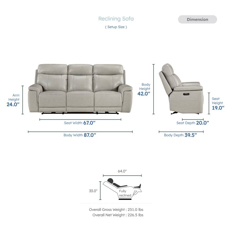Vireo 87" Leather Power Double Reclining Sofa with Power Headrest