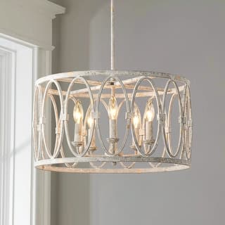 5-Light Industrial Antique White Geometric Drum Chandelier for Dining Room - 19.6 in. W x 11 in. H