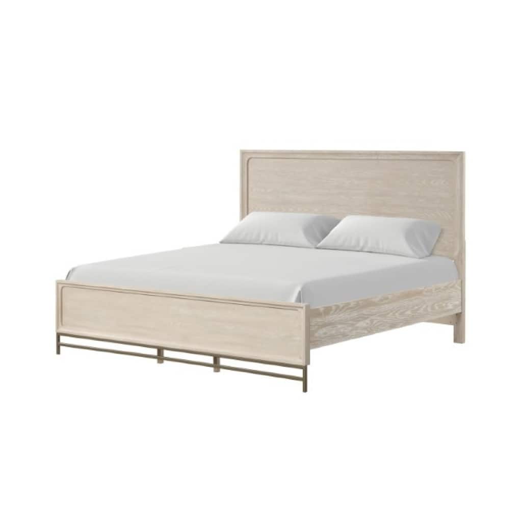 Rozie King Bed with Panel Style Headboard, Metal Legs, Light Oak Wood