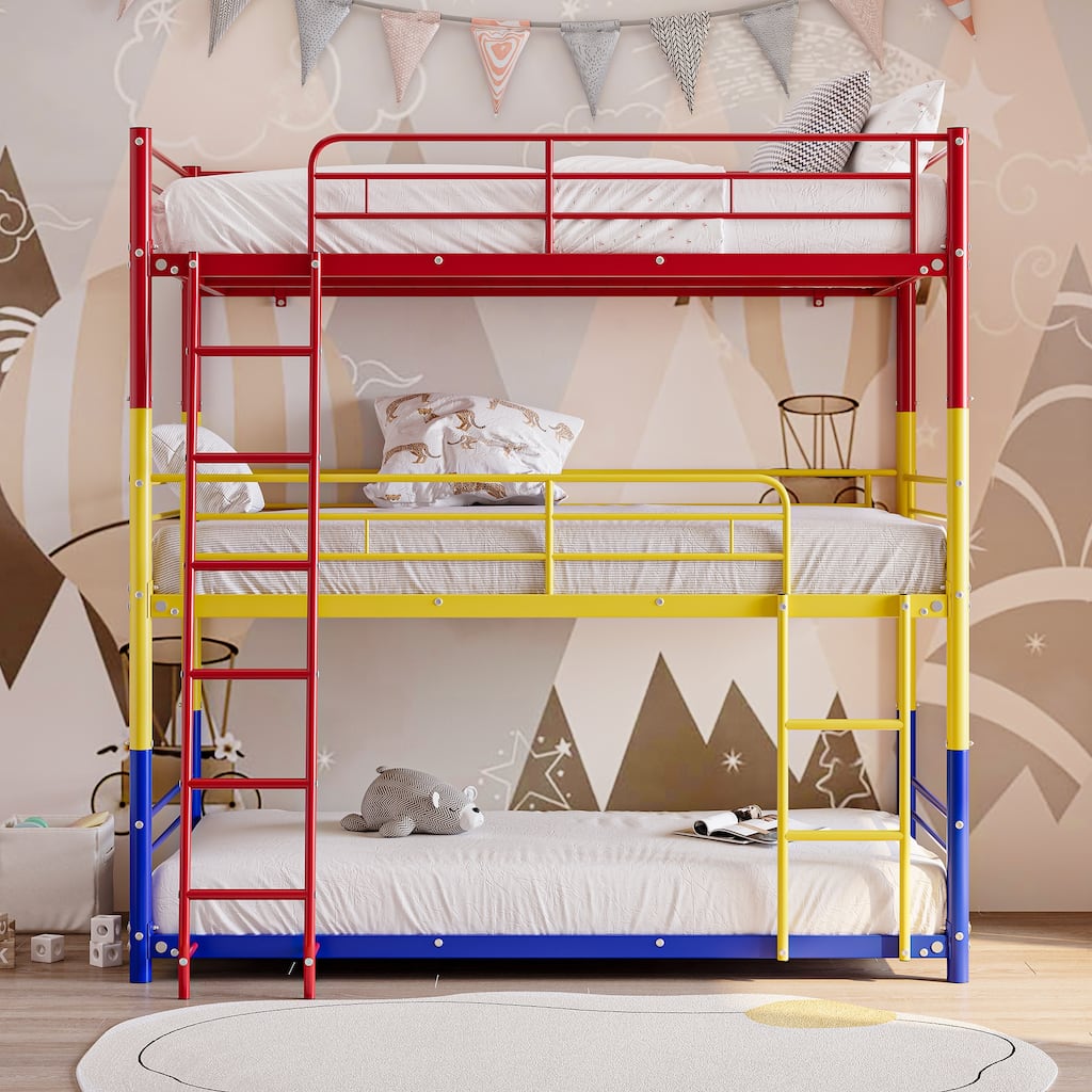Heavy Duty Metal Triple Twin Bunk Bed with Guardrails, Ladder & Storage, Easy to Assemble