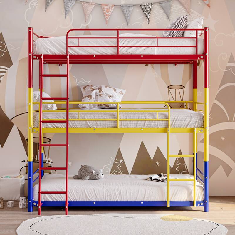Metal Triple Bunk Bed,Twin Over Twin Bunk Bed for 3, 3 Beds with Guardrail and Ladder, Heavy Duty Triple Bed Frame for Teenagers - Colorful