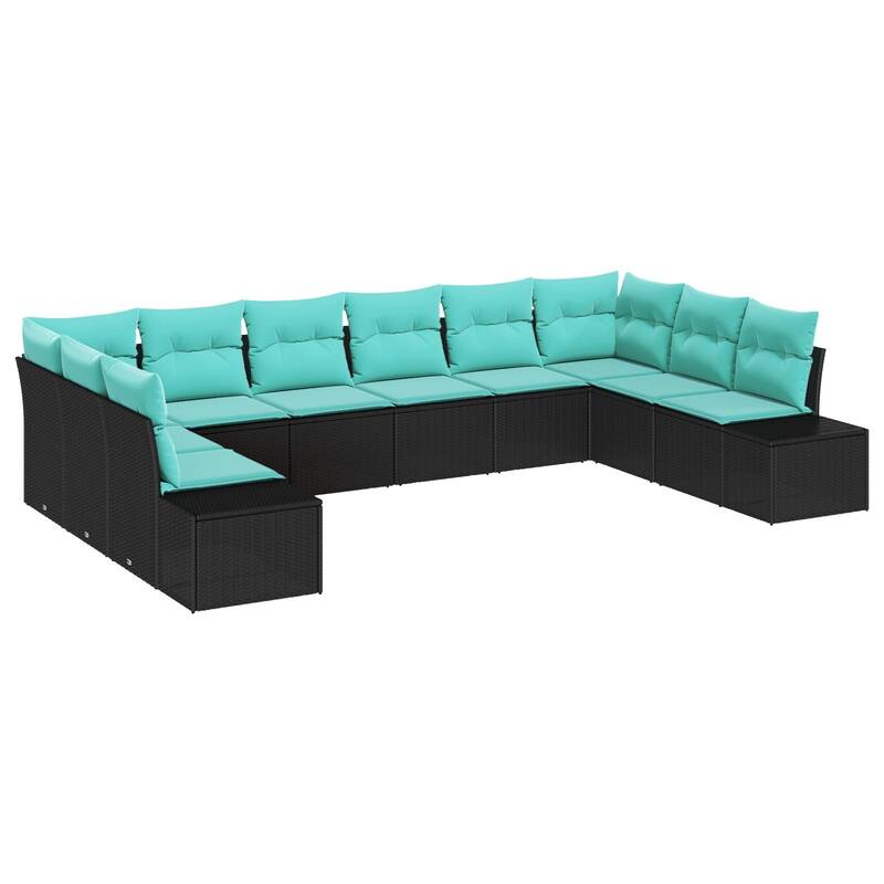 vidaXL 11 Piece Garden Sofa Set with Cushions Black Poly Rattan - 82 x 135 x 27 in