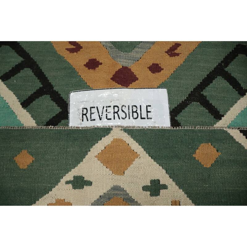 Hand Woven Oriental 100% Wool Carpet Southwestern Tribal Green Kilim Area Rug - 8' 9'' X 4' 11''