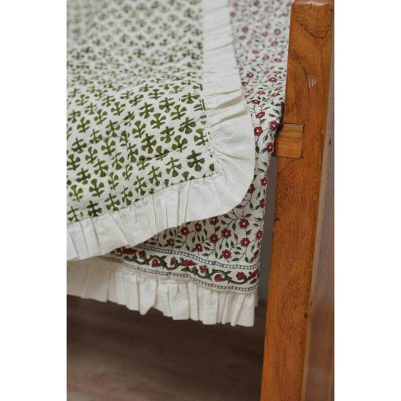 Fabdivine Handmade Cotton Quilt - Green Grey Floral Block Print, Reversible Layering Quilt, Artisan Bedspread, Heritage Textile