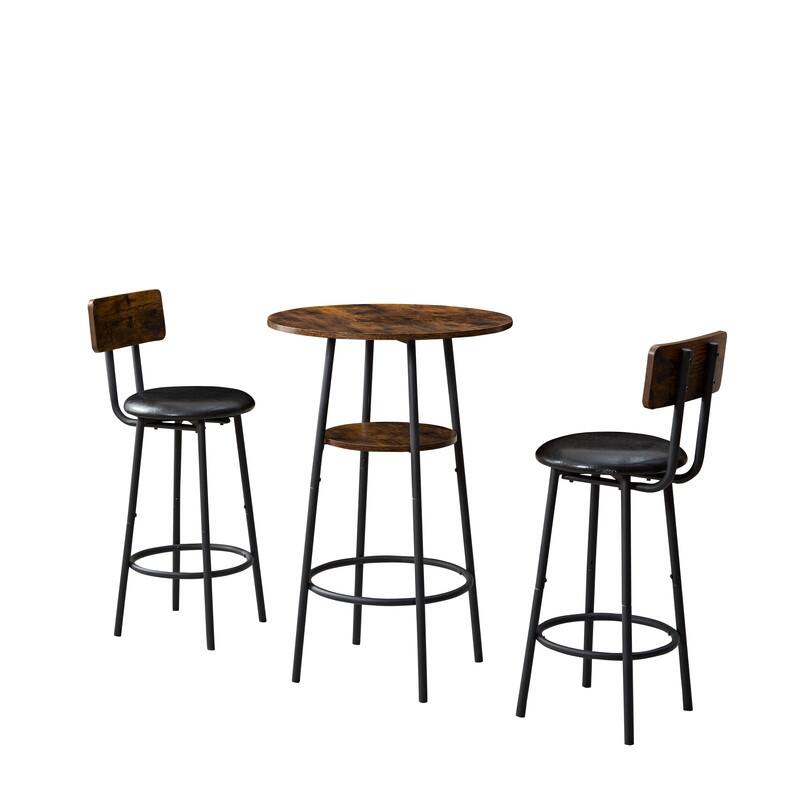 Industrial Style 3 Piece Round Dining Table Set,Iron Wood Table with 2 Bar Stools