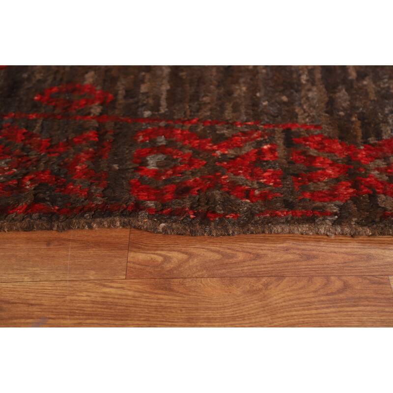 Dark Brown Tribal Moroccan Oriental Area Rug Hand-knotted Wool Carpet - 6'7" x 9'11"