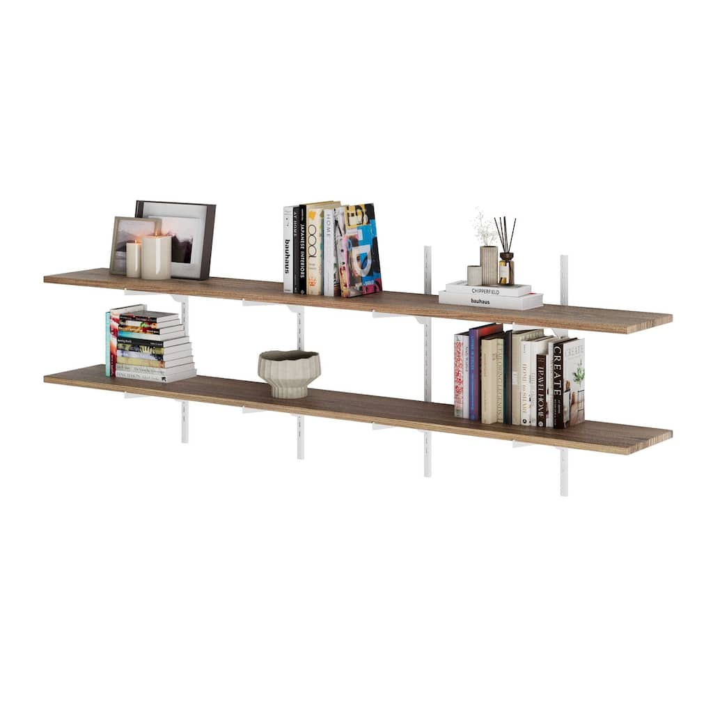 Wallniture Turin 72" Floating Wall Shelves with White Adjustable Brackets, Living Room & Office Decor, Hanging, Burnt,2,3,4 Tier