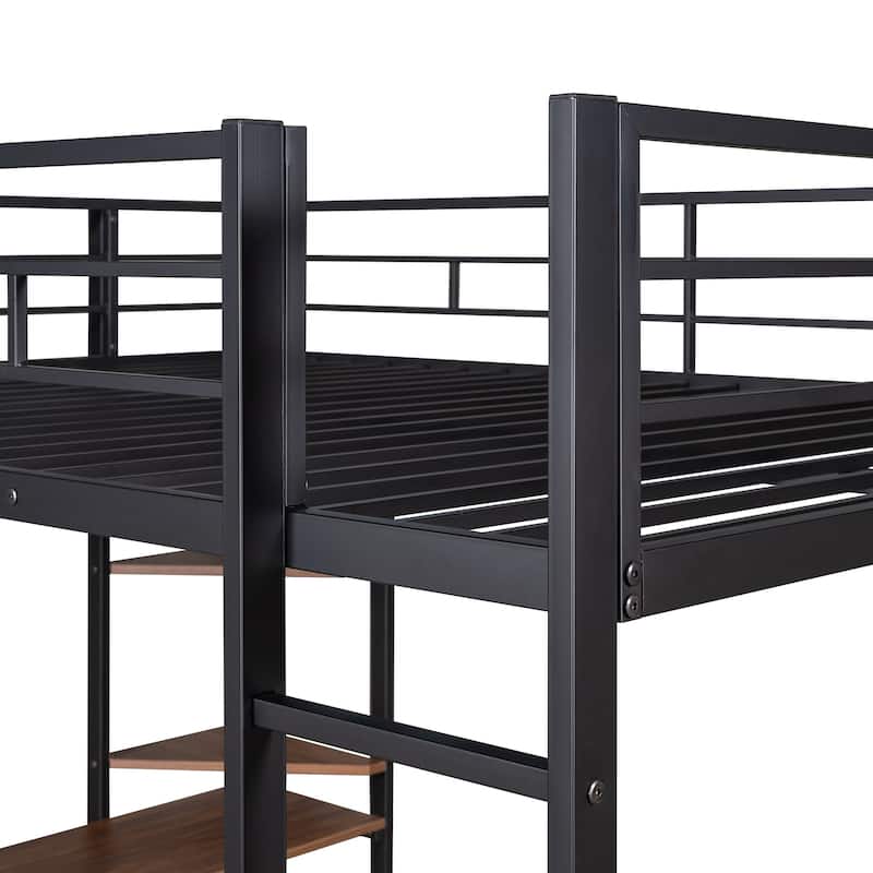 Full Size Metal Loft Bed with Desk and Shelves, Integrated Ladder and Guardrails