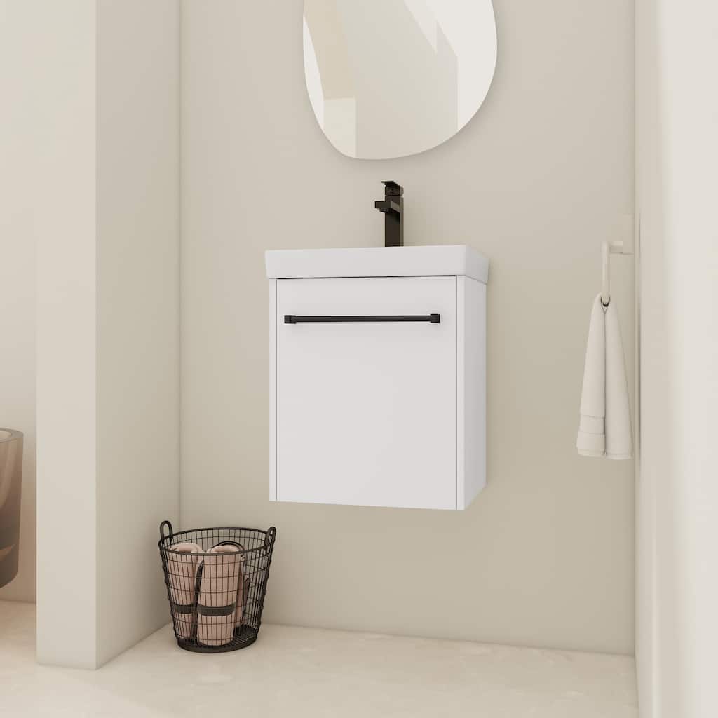 18'' Wall-Mounted Bathroom Vanity with Ceramic Sink, Soft-Close Door, and Storage for Small Spaces