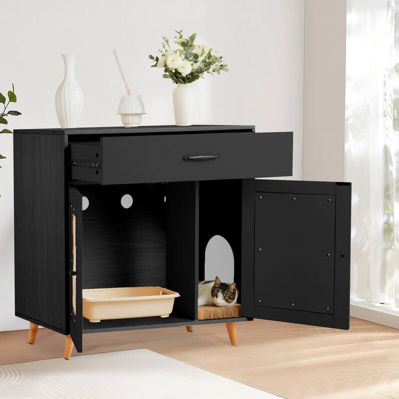 EROMMY Cat Litter Cabinet with Drawer - Hidden Litter Box Furniture with Ventilation and Scoop Slot - Black