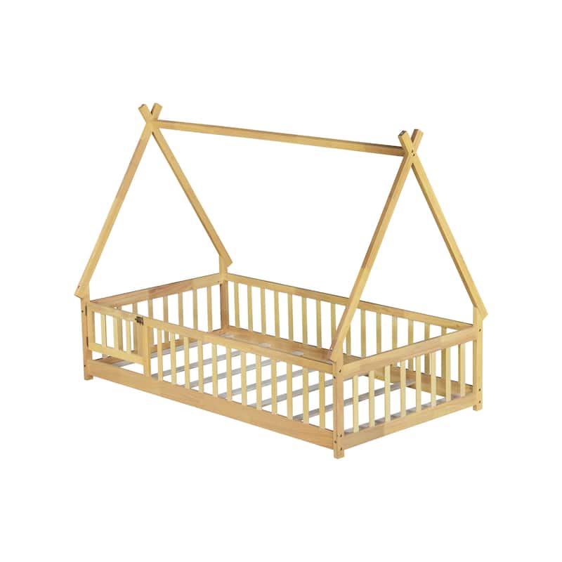 Twin Tent-shaped Floor Bed, Teepee Bed with Guardrails, Slats and Door