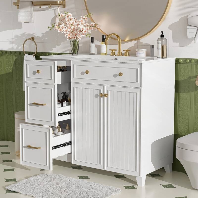 Bathroom Vanity with Ceramic Sink and Adjustable Shelves - White