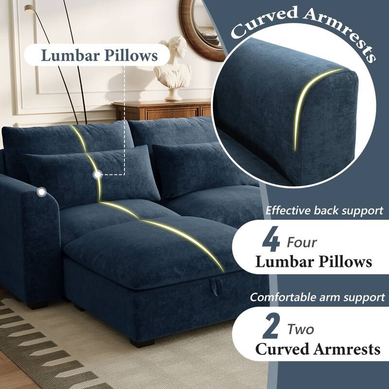 Modern U-shaped Modular Linen Blend Sectional Sofa with 2 Storage Ottomans and 4 lumbar pillows