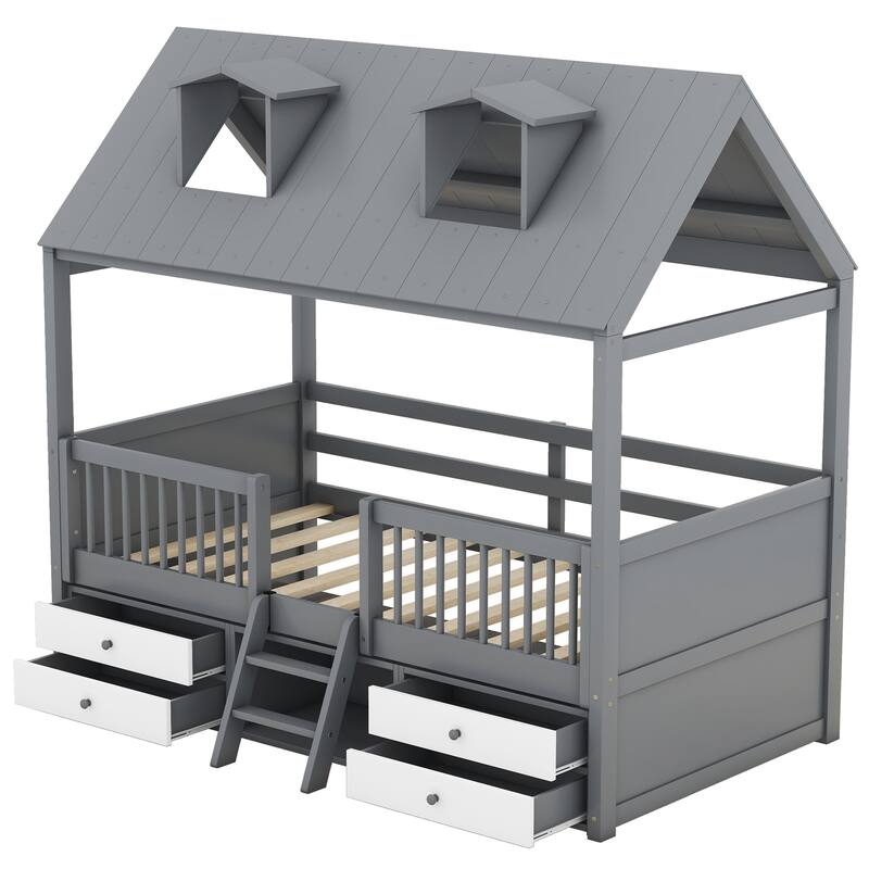 Full/Twin Size Wooden House Bed Frame with Roof, Ladder, Ample Storage - Perfect for Kids' Room, Whimsical Design, Easy Access
