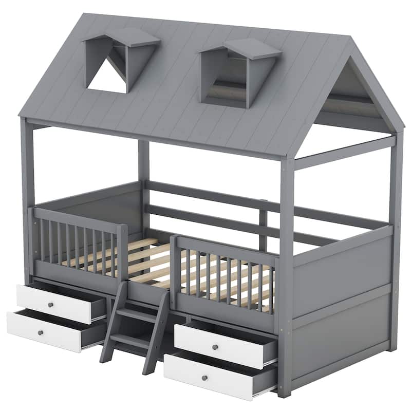 Gray Twin Size Wooden House Bed with Fence and Roof for Kids