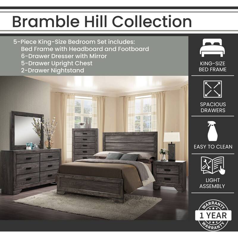 Hanover Bramble Hill 5-Piece Bedroom Furniture Set with King-Size Bed Frame in Weathered Gray Finish