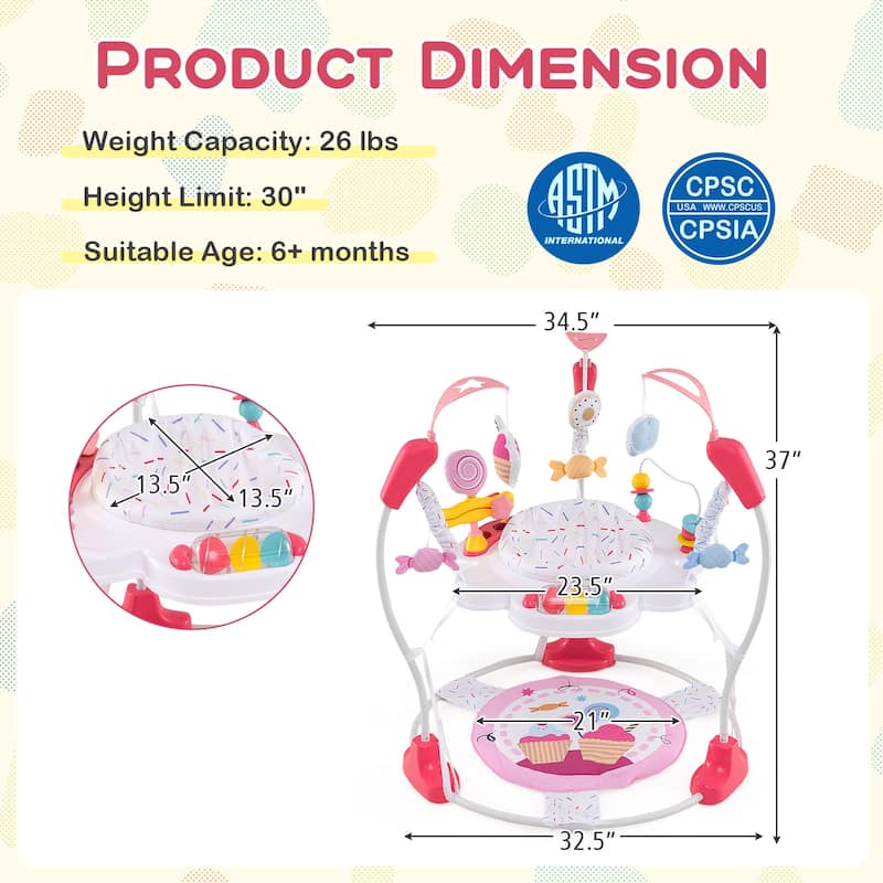 Baby Activity Center Jumper with 360 Rotating Seat Adjustable Height Interactive Toys and Music Tray - 34.5" x 34.5" x 37"